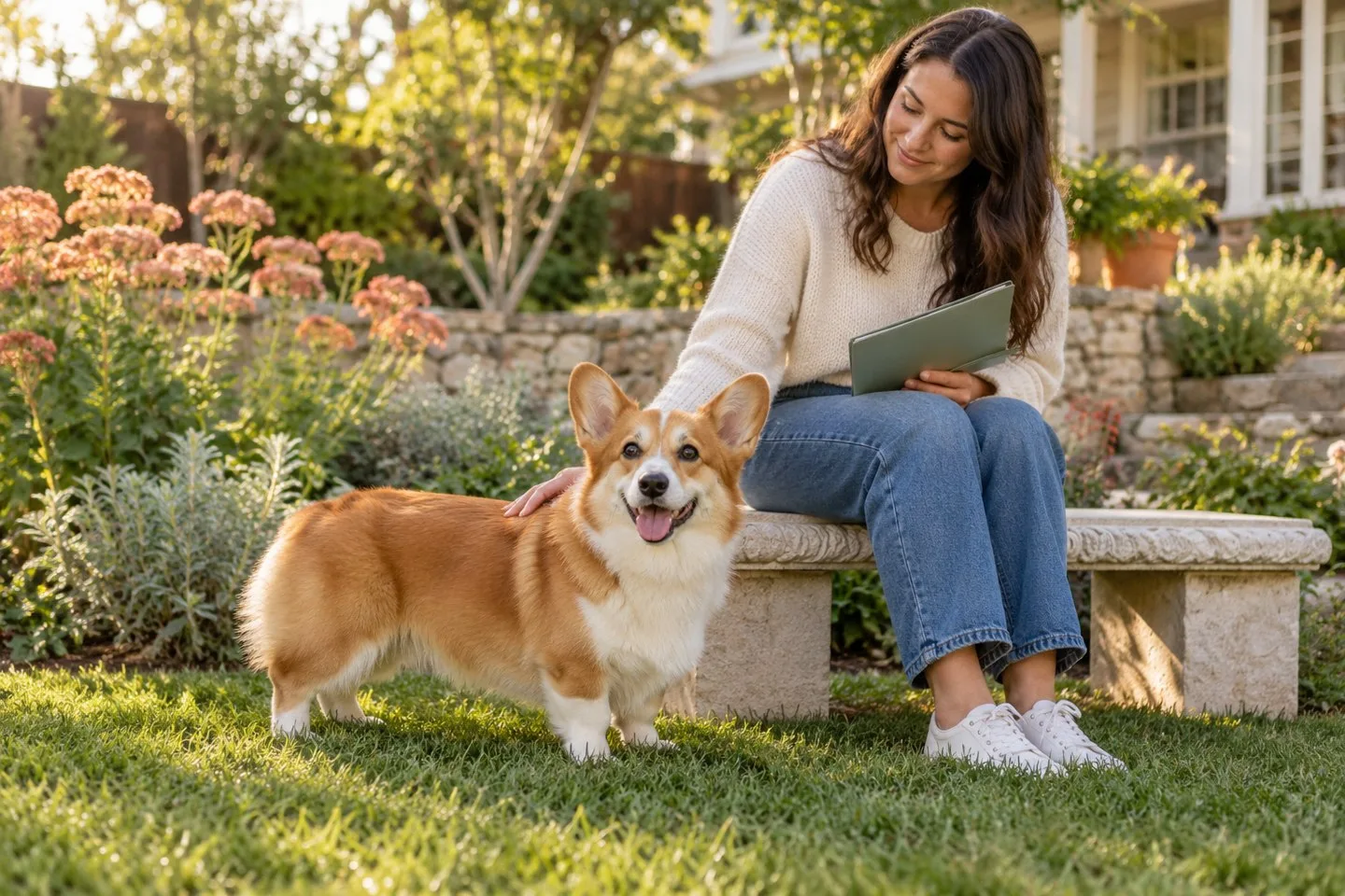 Red-and-white Corgi standing beside its owner at a garden bench